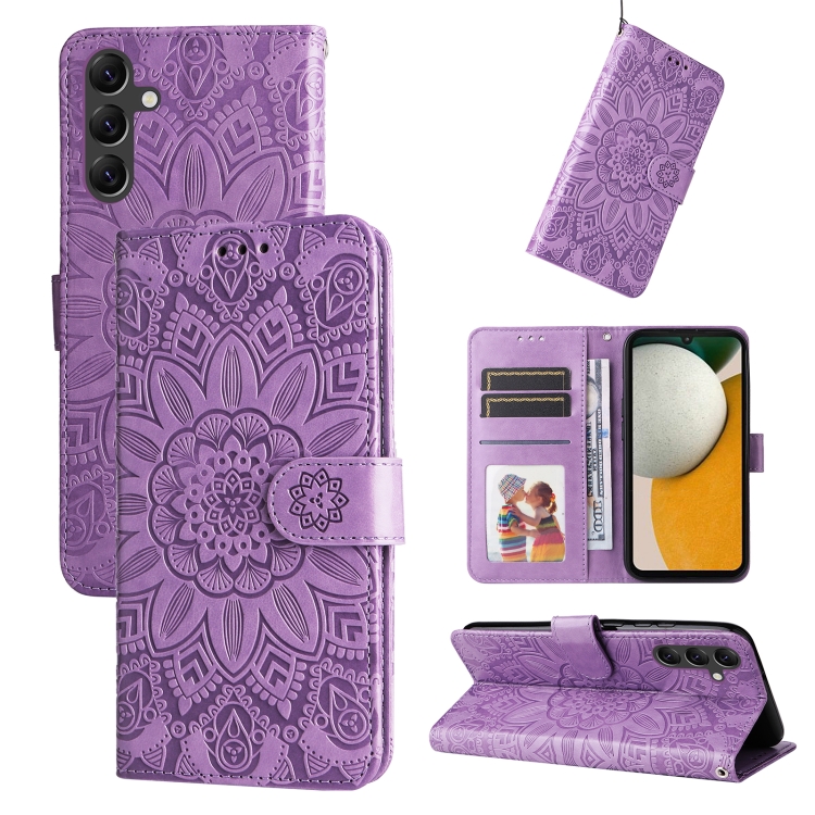 

For Samsung Galaxy A15 Embossed Sunflower Leather Phone Case(Purple)
