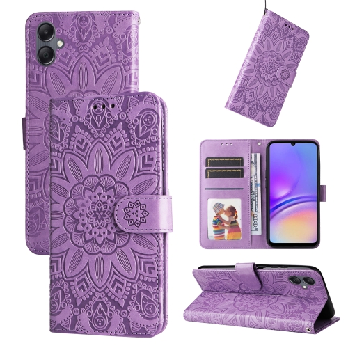 

For Samsung Galaxy A05 Embossed Sunflower Leather Phone Case(Purple)
