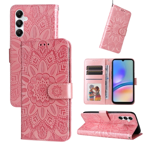 

For Samsung Galaxy A05s Embossed Sunflower Leather Phone Case(Rose Gold)