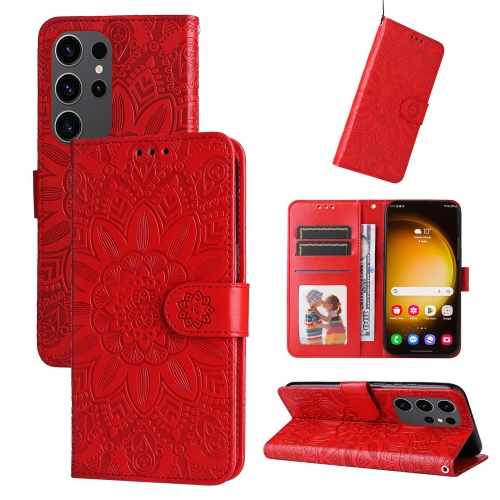 

For Samsung Galaxy S24 Ultra Embossed Sunflower Leather Phone Case(Red)