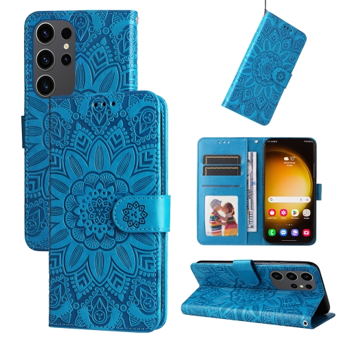 

For Samsung Galaxy S24 Ultra Embossed Sunflower Leather Phone Case(Blue)