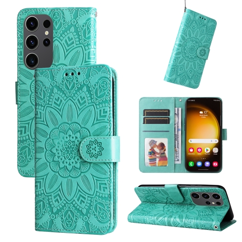 

For Samsung Galaxy S24 Ultra Embossed Sunflower Leather Phone Case(Green)