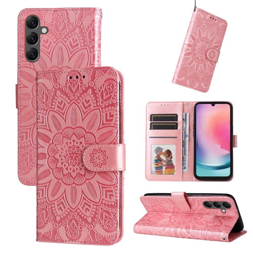 

For Samsung Galaxy A25 5G Global Embossed Sunflower Leather Phone Case(Rose Gold)