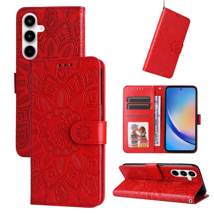 

For Samsung Galaxy A35 Embossed Sunflower Leather Phone Case(Red)