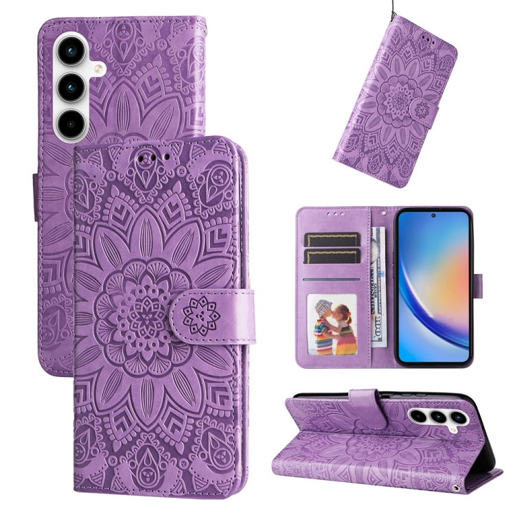 

For Samsung Galaxy A35 Embossed Sunflower Leather Phone Case(Purple)