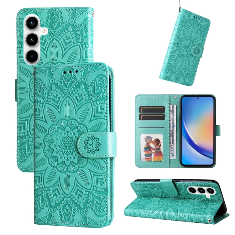 

For Samsung Galaxy A35 Embossed Sunflower Leather Phone Case(Green)