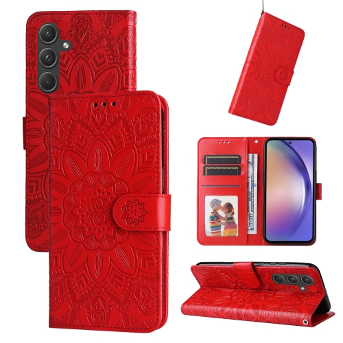 

For Samsung Galaxy A55 Embossed Sunflower Leather Phone Case(Red)