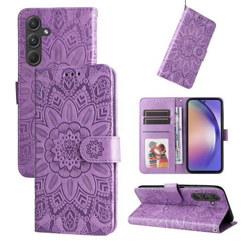 

For Samsung Galaxy A55 Embossed Sunflower Leather Phone Case(Purple)