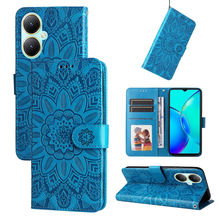 

For vivo Y35+ Embossed Sunflower Leather Phone Case(Blue)