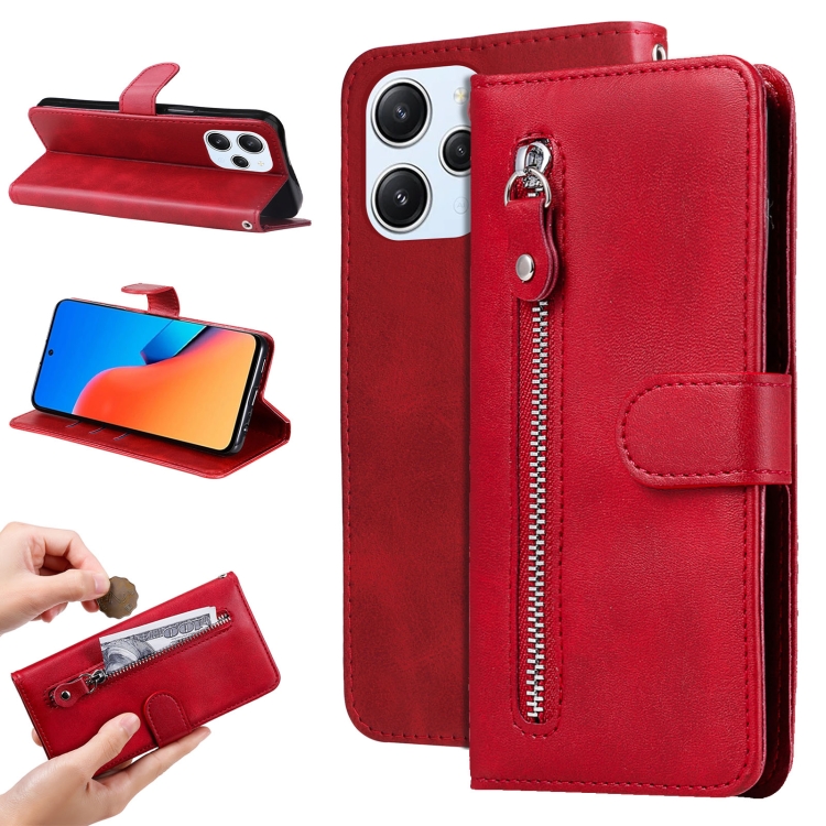 

For Xiaomi Redmi 12 4G Fashion Calf Texture Zipper Leather Phone Case(Red)