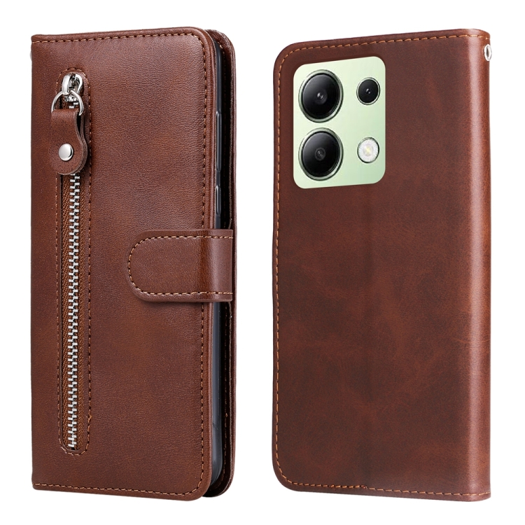 

For Xiaomi Redmi Note13 4G Fashion Calf Texture Zipper Leather Phone Case(Brown)