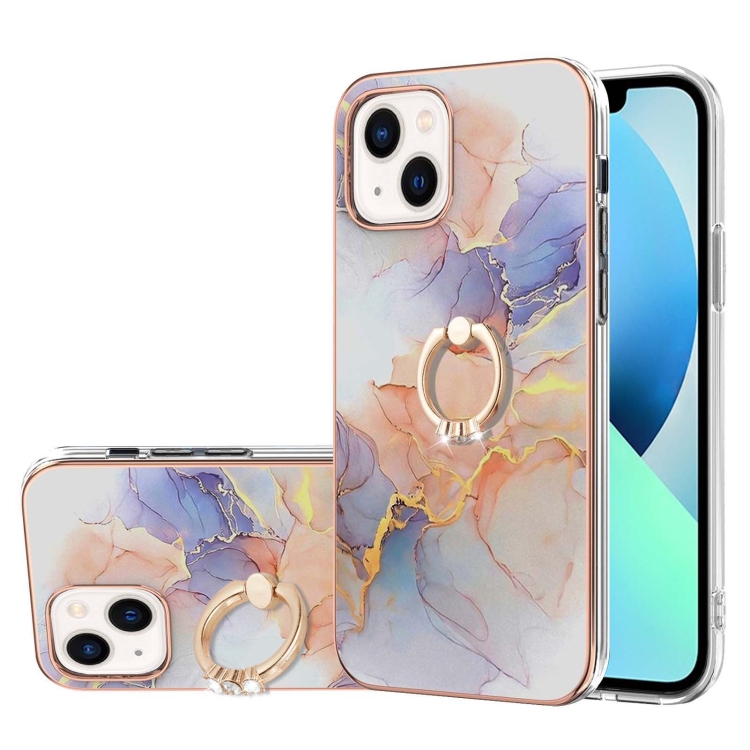 

For iPhone 15 Plus Electroplating Pattern IMD TPU Shockproof Case with Rhinestone Ring Holder(Milky Way White Marble)