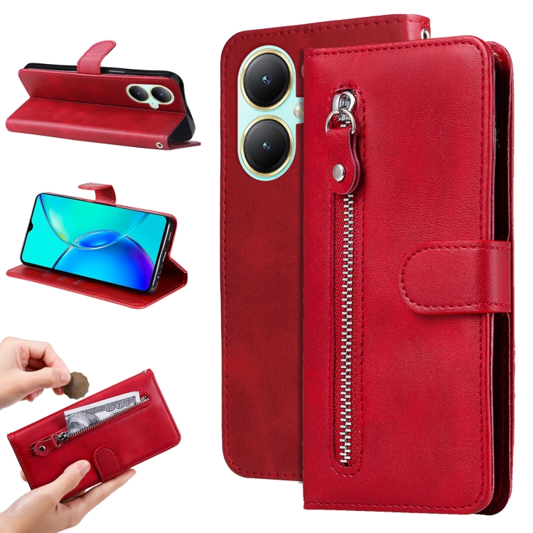 

For vivo Y35+ Fashion Calf Texture Zipper Leather Phone Case(Red)