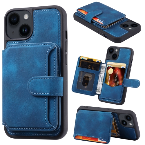 

For iPhone 15 Plus Skin Feel Dream RFID Anti-theft PU Card Bag Phone Case(Peacock Blue)
