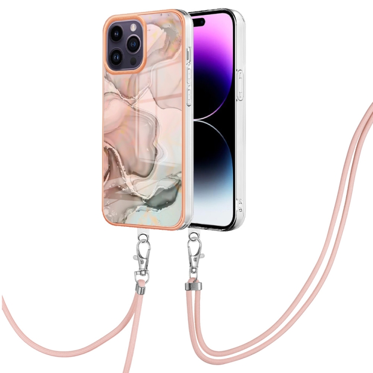 

For iPhone 15 Pro Electroplating Marble Dual-side IMD Phone Case with Lanyard(Rose Gold 015)