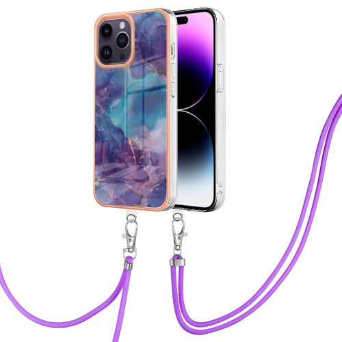 

For iPhone 15 Pro Electroplating Marble Dual-side IMD Phone Case with Lanyard(Purple 016)