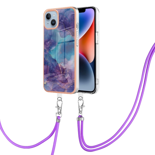 

For iPhone 15 Plus Electroplating Marble Dual-side IMD Phone Case with Lanyard(Purple 016)