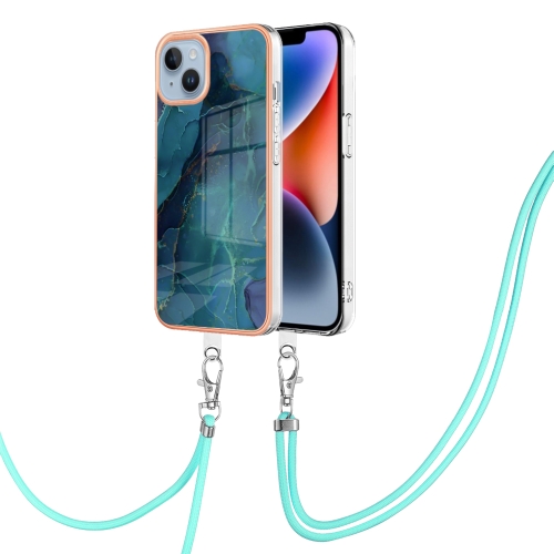 

For iPhone 15 Plus Electroplating Marble Dual-side IMD Phone Case with Lanyard(Green 017)