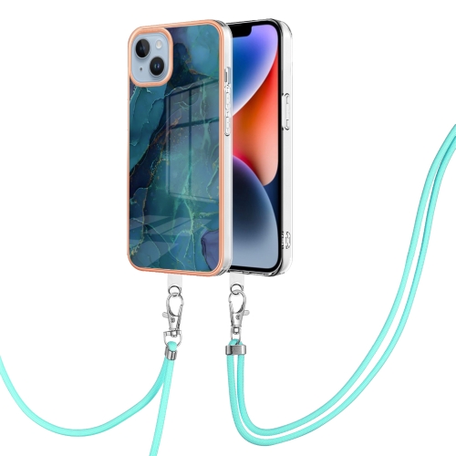 

For iPhone 15 Electroplating Marble Dual-side IMD Phone Case with Lanyard(Green 017)