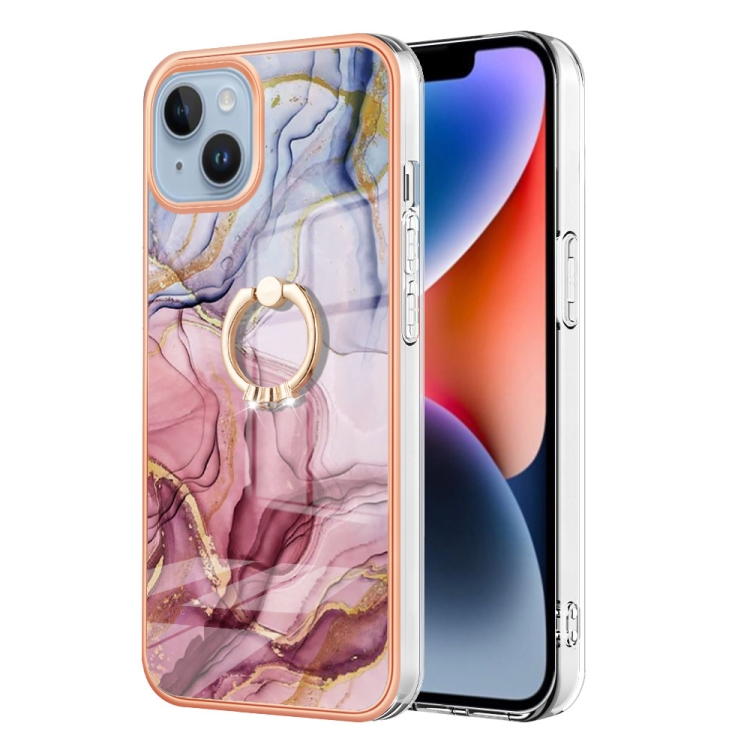

For iPhone 15 Electroplating Marble Dual-side IMD Phone Case with Ring(Rose Red 014)