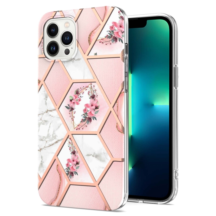 

For iPhone 15 Pro Electroplating Splicing Marble Flower Pattern TPU Shockproof Case(Pink Flower)