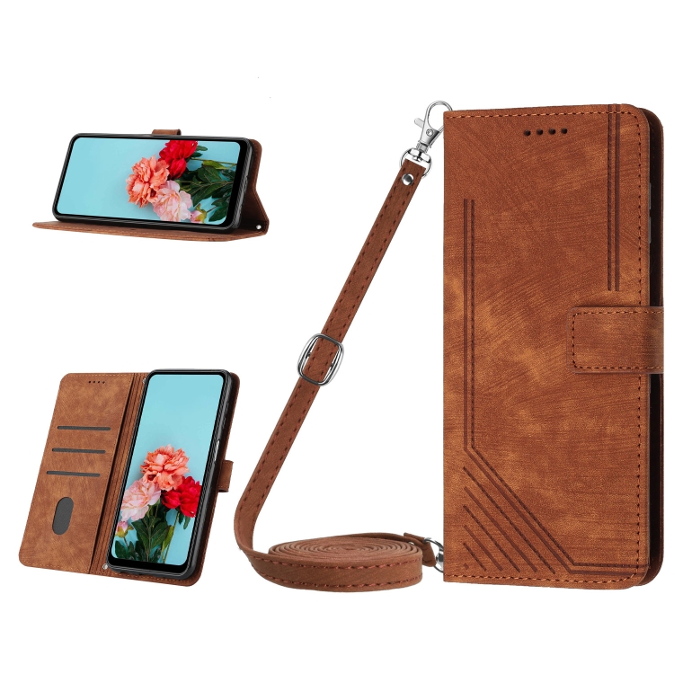 

For iPhone 15 Pro Max Skin Feel Stripe Pattern Leather Phone Case with Lanyard(Brown)