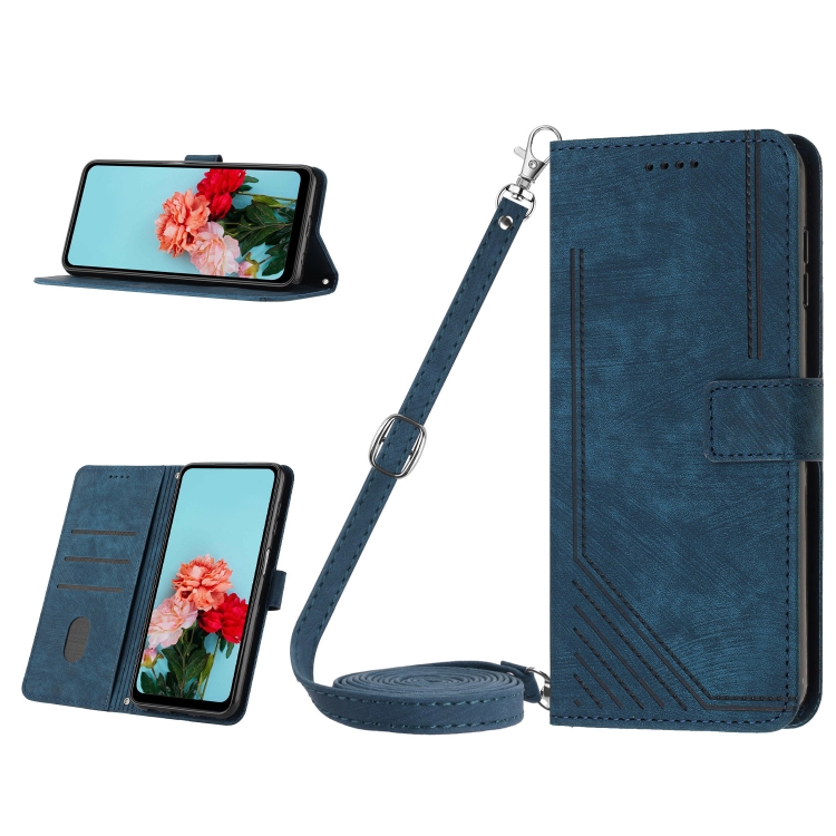 

For iPhone 15 Plus Skin Feel Stripe Pattern Leather Phone Case with Lanyard(Blue)