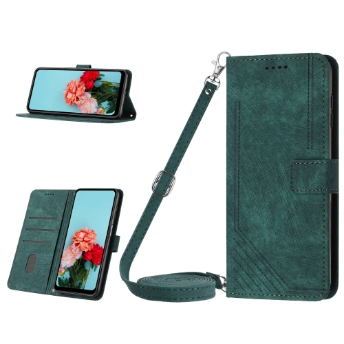 

For iPhone 15 Skin Feel Stripe Pattern Leather Phone Case with Lanyard(Green)