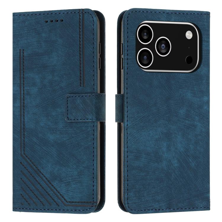 

For iPhone 17 Pro Skin Feel Stripe Pattern Leather Phone Case with Lanyard(Blue)