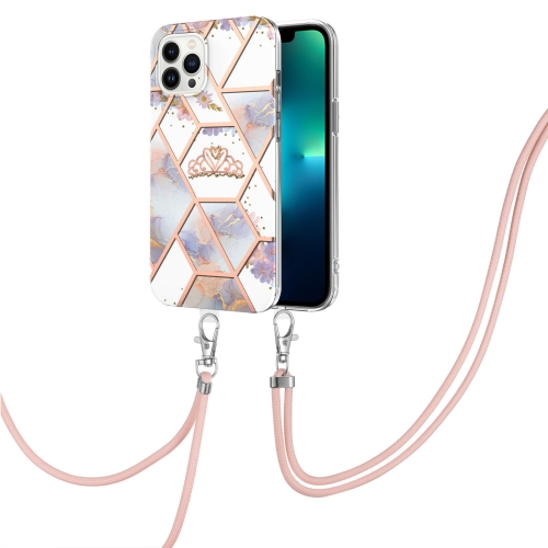 

For iPhone 15 Pro Max Electroplating Splicing Marble Flower Pattern TPU Shockproof Case with Lanyard(Imperial Crown)