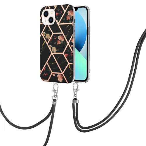 

For iPhone 15 Electroplating Splicing Marble Flower Pattern TPU Shockproof Case with Lanyard(Black Flower)