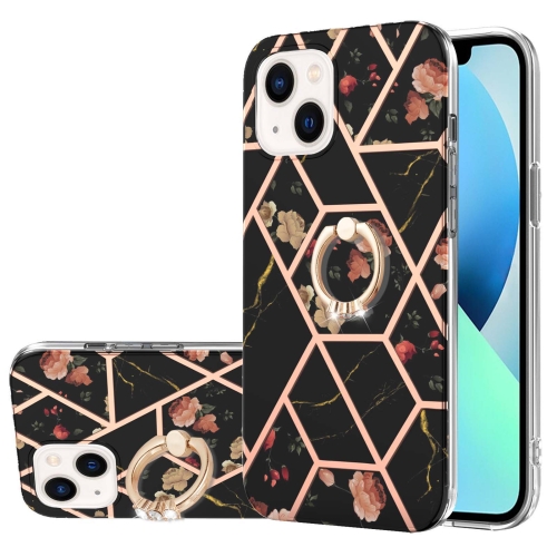 

For iPhone 15 Electroplating Splicing Marble Flower Pattern TPU Shockproof Case with Rhinestone Ring Holder(Black Flower)