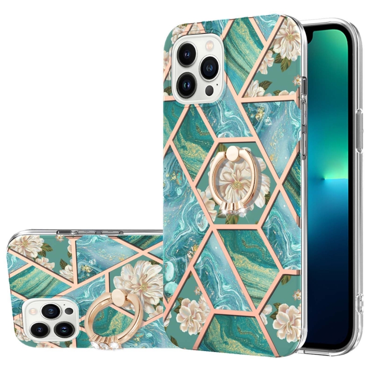 

For iPhone 15 Pro Electroplating Splicing Marble Flower Pattern TPU Shockproof Case with Rhinestone Ring Holder(Blue Flower)