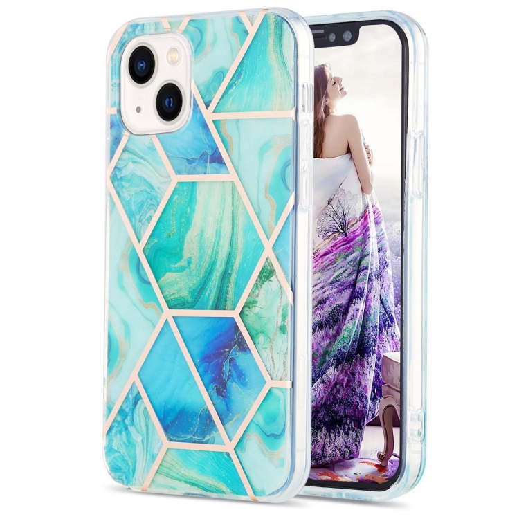 

For iPhone 15 Electroplating Splicing Marble Flower Pattern Dual-side IMD TPU Shockproof Phone Case(Green)