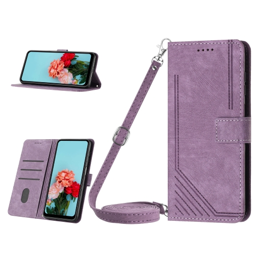 

For Samsung Galaxy A25 5G Skin Feel Stripe Pattern Leather Phone Case with Long Lanyard(Purple)