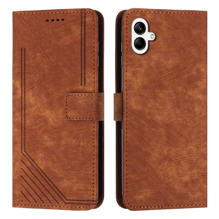 

For Samsung Galaxy A05 Skin Feel Stripe Pattern Leather Phone Case with Long Lanyard(Brown)