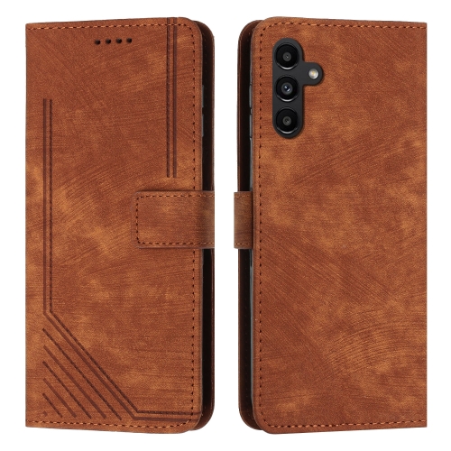 

For Samsung Galaxy A05s Skin Feel Stripe Pattern Leather Phone Case with Long Lanyard(Brown)