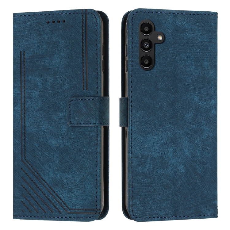 

For Samsung Galaxy A05s Skin Feel Stripe Pattern Leather Phone Case with Long Lanyard(Blue)