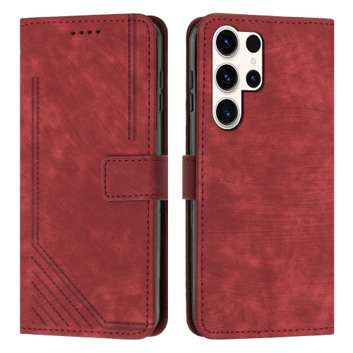 

For Samsung Galaxy S24 Ultra Skin Feel Stripe Pattern Leather Phone Case with Long Lanyard(Red)