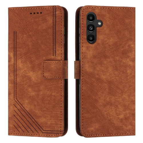 

For Samsung Galaxy A55 Skin Feel Stripe Pattern Leather Phone Case with Long Lanyard(Brown)