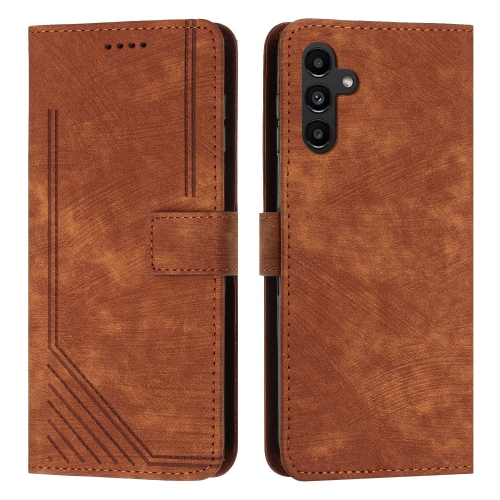 

For Samsung Galaxy M15 / F15 Skin Feel Stripe Pattern Leather Phone Case with Long Lanyard(Brown)