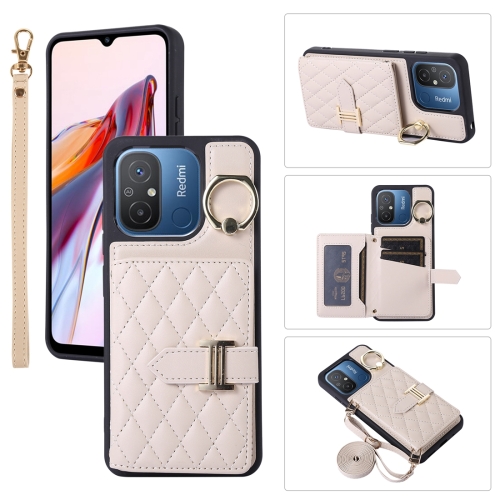 

For Xiaomi Redmi 12C Horizontal Card Bag Ring Holder Phone Case with Dual Lanyard(Beige)