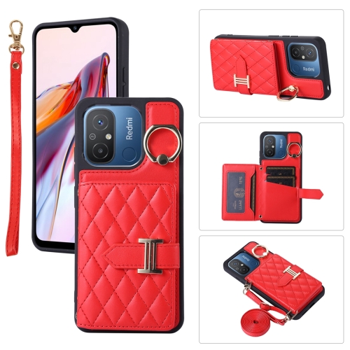 

For Xiaomi Redmi 12C Horizontal Card Bag Ring Holder Phone Case with Dual Lanyard(Red)
