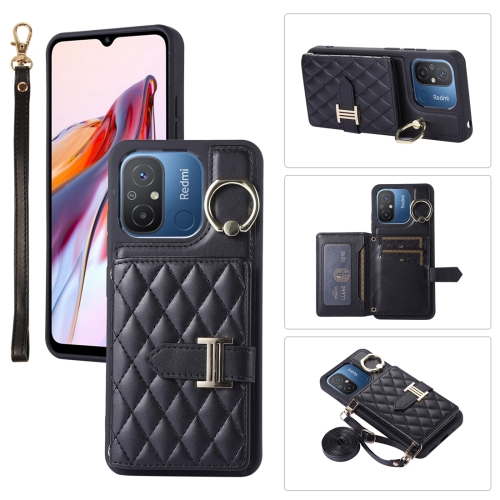 

For Xiaomi Redmi 12C Horizontal Card Bag Ring Holder Phone Case with Dual Lanyard(Black)