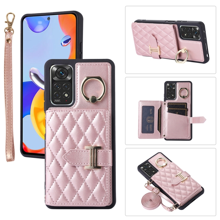 

For Xiaomi Redmi Note 11 Horizontal Card Bag Ring Holder Phone Case with Dual Lanyard(Rose Gold)