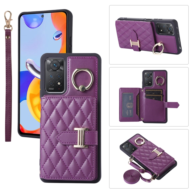 

For Xiaomi Redmi Note 11 Pro 4G Horizontal Card Bag Ring Holder Phone Case with Dual Lanyard(Dark Purple)