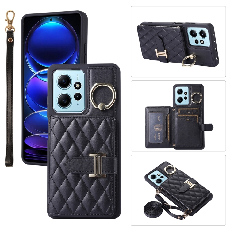 

For Xiaomi Redmi Note 12 4G Horizontal Card Bag Ring Holder Phone Case with Dual Lanyard(Black)