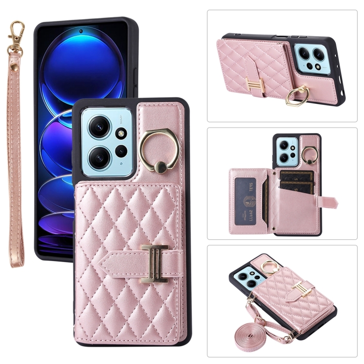 

For Xiaomi Redmi Note 12 4G Horizontal Card Bag Ring Holder Phone Case with Dual Lanyard(Rose Gold)