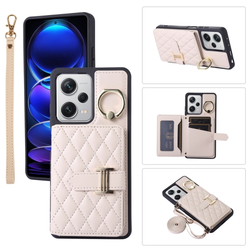 

For Xiaomi Redmi Note 12 Pro 5G Horizontal Card Bag Ring Holder Phone Case with Dual Lanyard(Beige)