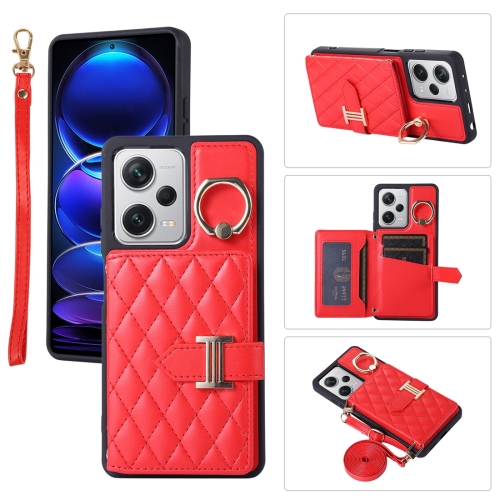 

For Xiaomi Redmi Note 12 Pro 5G Horizontal Card Bag Ring Holder Phone Case with Dual Lanyard(Red)